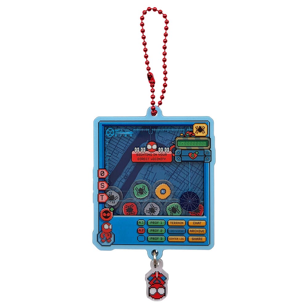 A rubber Spider-Man keychain showing a rectangular blue decorated tag with a small Spider-Man head charm and red ball chain.