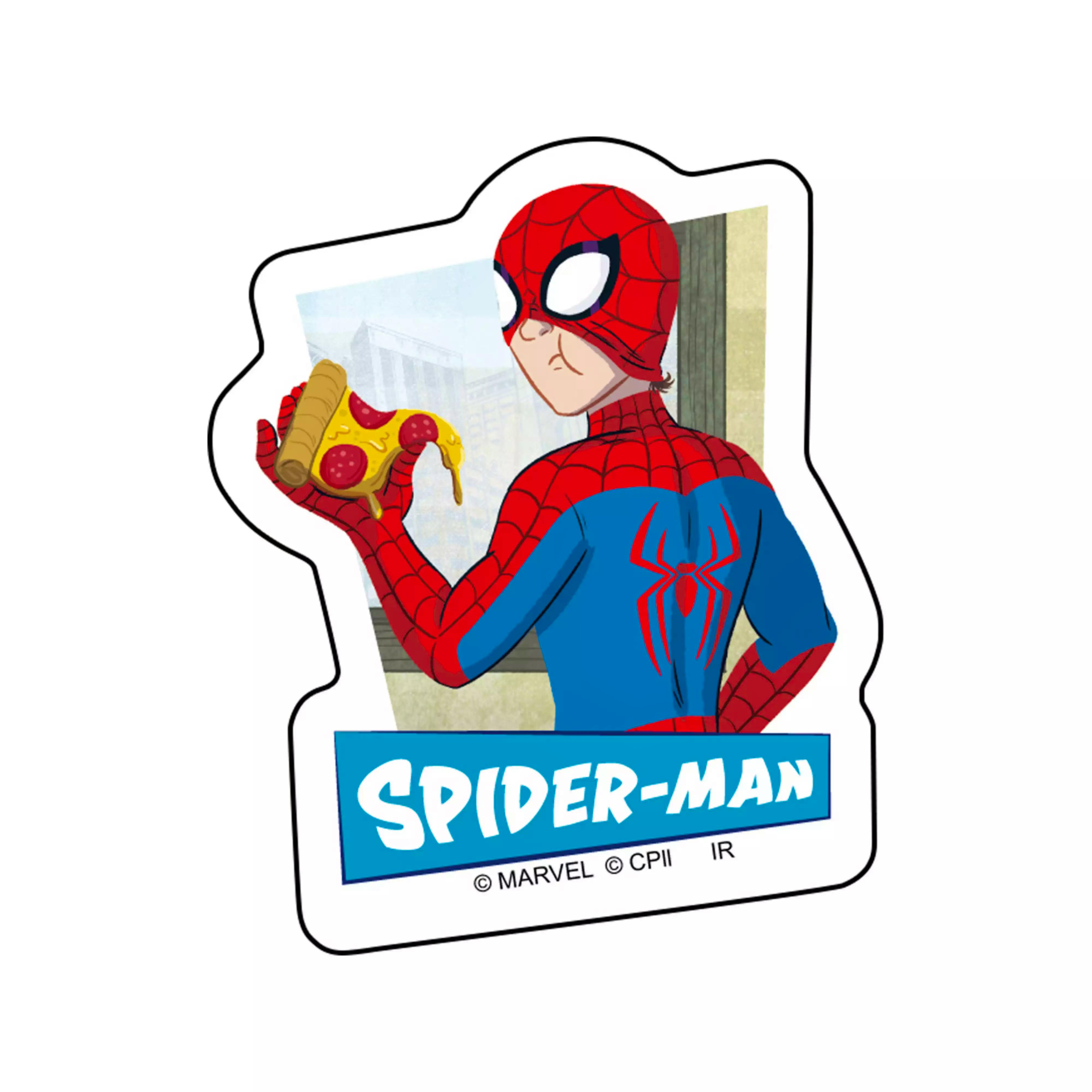 Paper sticker showing Spider-Man holding a slice of pizza with a blue panel reading “SPIDER‑MAN.”