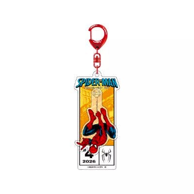 Acrylic Spider-Man swing keychain with a red clasp and a rectangular illustrated charm showing Spider-Man.