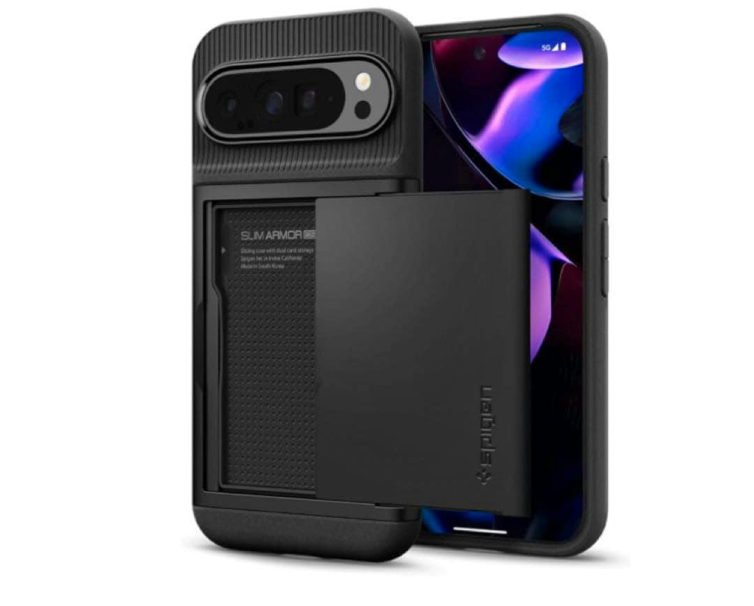 Black Spigen protective case for Pixel 9 Pro XL shown on a phone with its sliding card storage compartment partially open.
