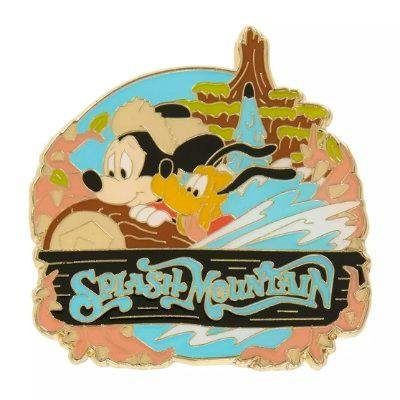 Front view of the pin badge showing Mickey and Pluto riding a log with the text "Splash Mountain."