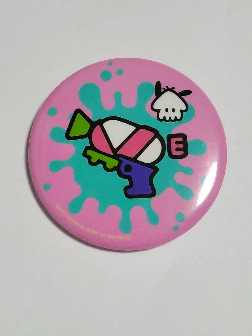 Front of the Splatoon2 Sanrio can badge showing a Splasher weapon design and Pochacco on a pink background.