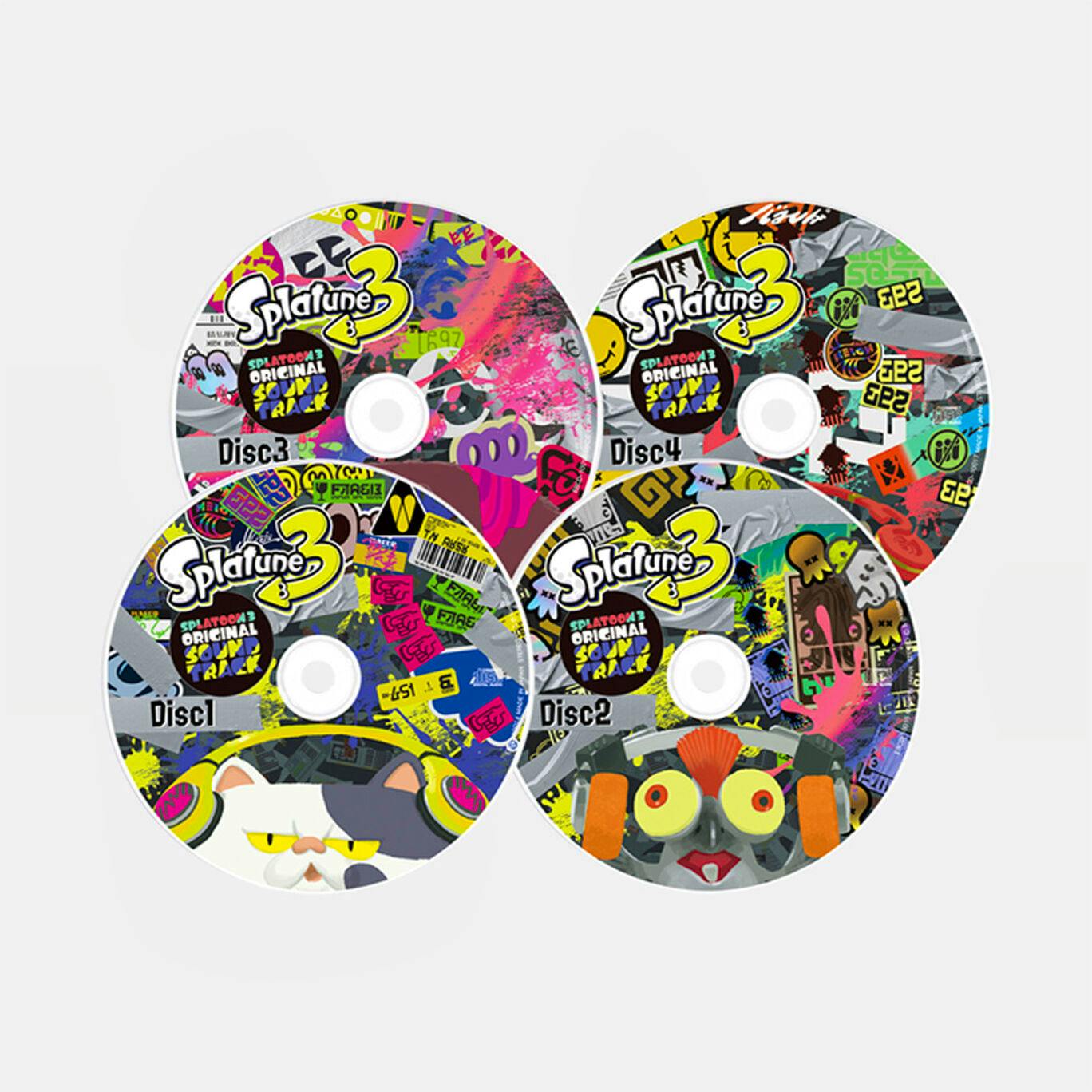 Four colorful discs showing Splatoon3 artwork labeled Disc1 through Disc4 from the Splatoon3 ORIGINAL SOUNDTRACK.