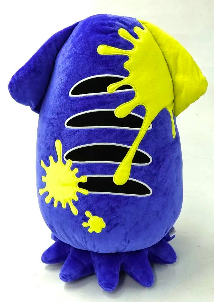 Front view of a purple and yellow squid plush toy from Splatoon 3.