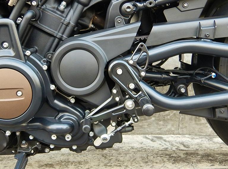 Close-up of the SportsterS backstep kit Type-1 (Street spec) installed on a motorcycle, showing the footpeg, linkage, and mounting brackets.