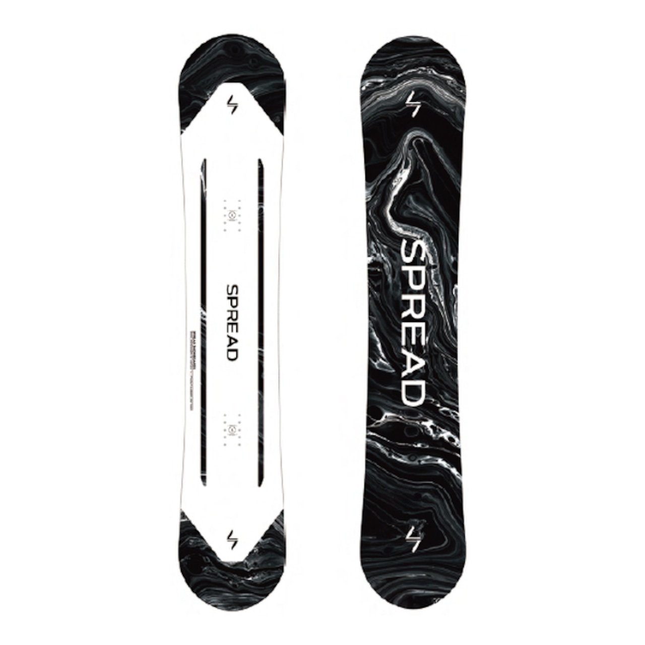 Top and bottom views of the SPREAD BX snowboard showing black-and-white marbled graphics and the SPREAD logo.