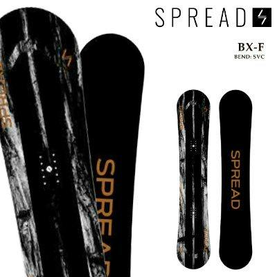 Mockup showing front, back, and side views of the SPREAD BX-F snowboard with black graphics and the word "SPREAD".