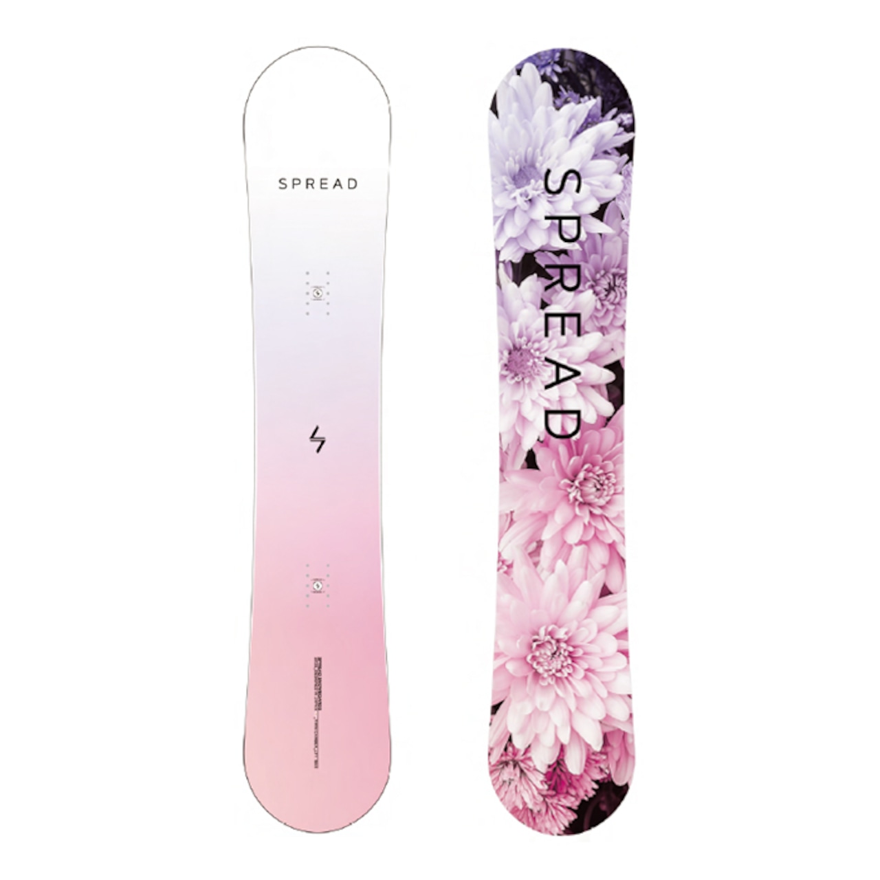 Front and back views of the SPREAD LTV/CV snowboard showing a pink-to-white gradient topsheet and a floral-printed base.
