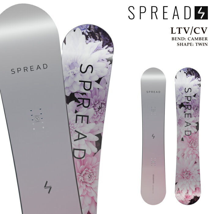 Two views of the SPREAD LTV/CV snowboard showing the top and base with floral graphics and branding.