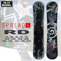 Front and back views of the SPREAD RD snowboard showing black patterned graphics with promotional model text overlay.