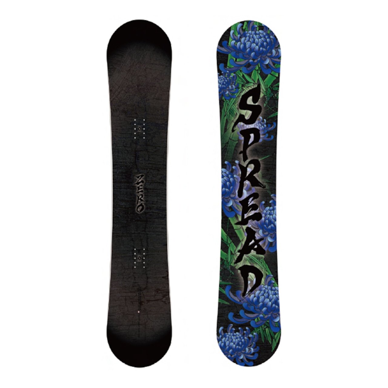 Photo of the snowboard showing the board's top view (left) and the graphic base (right) with 'SPREAD' text.