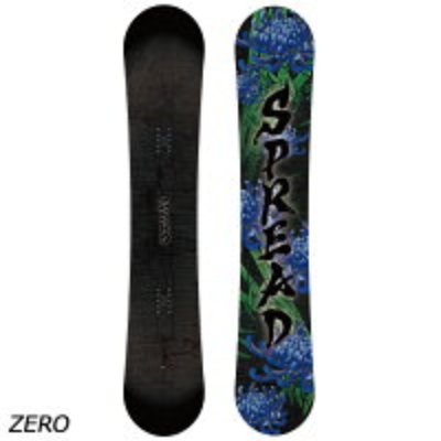 Front and back views of the SPREAD ZERO men's snowboard, showing a black top and a colorful patterned base with the word "SPREAD".