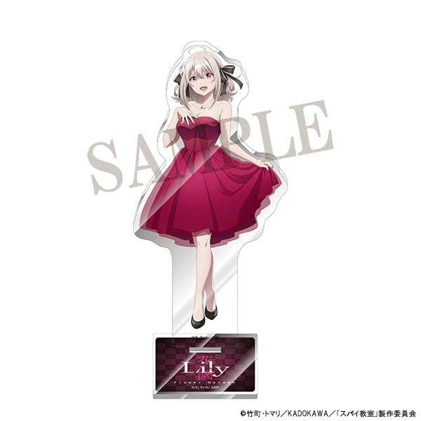Acrylic stand showing an anime character in a red strapless dress standing on a rectangular display base.