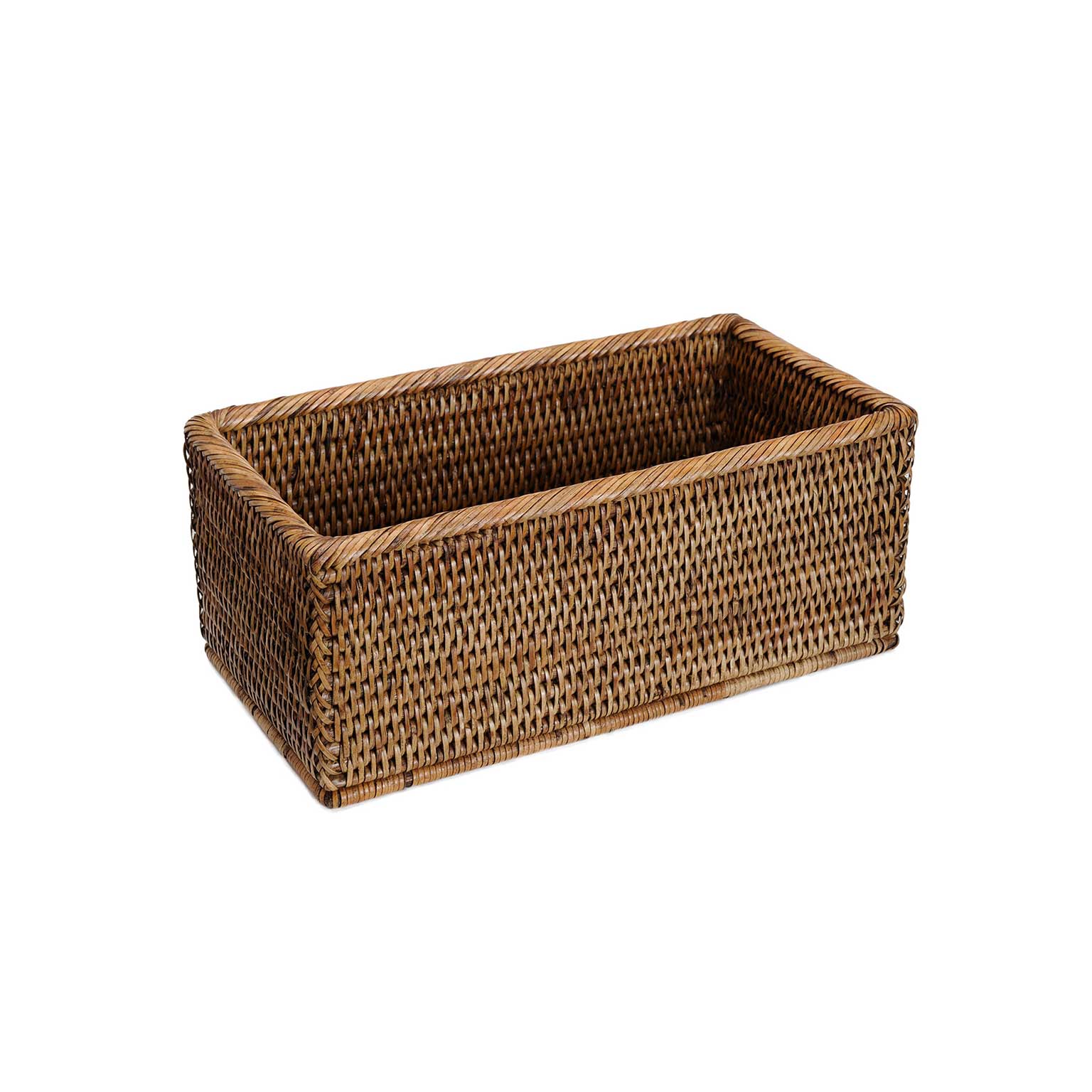 A rectangular woven straw basket (square box) with an open top on a white background.