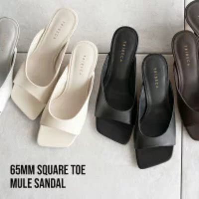 Four pairs of square-toe mule sandals (6cm heel) in different colors displayed on a tiled floor.