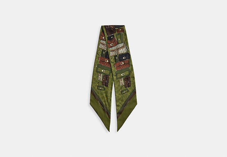 Green silk skinny scarf with a stacked bag print laid flat on a white background.