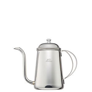 Stainless steel drip kettle with a long gooseneck spout, lid, and handle on a white background.