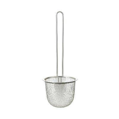 Stainless steel miso strainer with a long looped handle and a mesh basket.