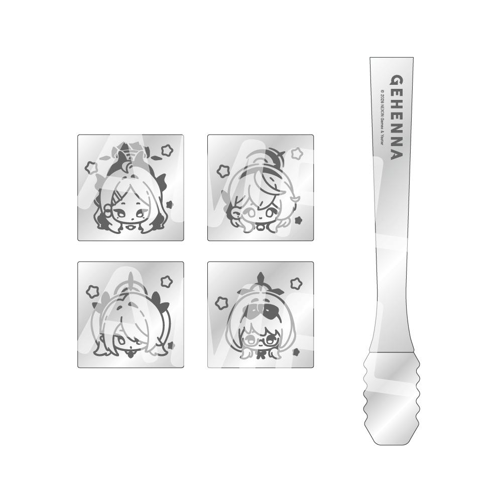 Four stainless steel square reusable ice cubes engraved with cartoon faces shown next to a metal tong labeled “GEHENNA.”