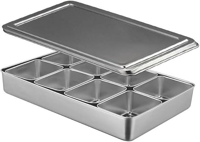 Rectangular stainless steel condiment box showing eight square compartments with a removable lid.