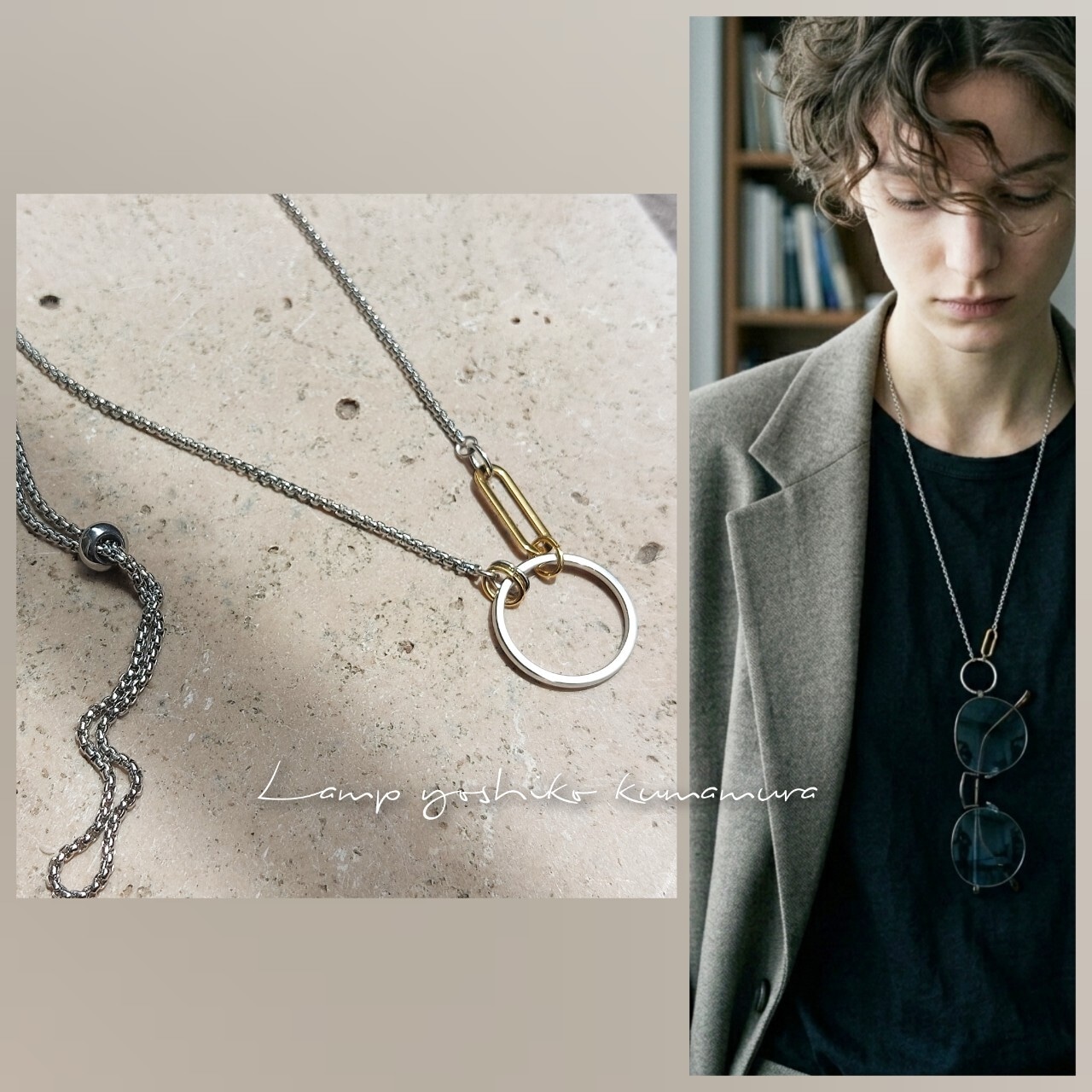 A stainless-steel slider necklace glass holder with a circular ring shown on a stone surface, with a model wearing the necklace and glasses visible in the same image.