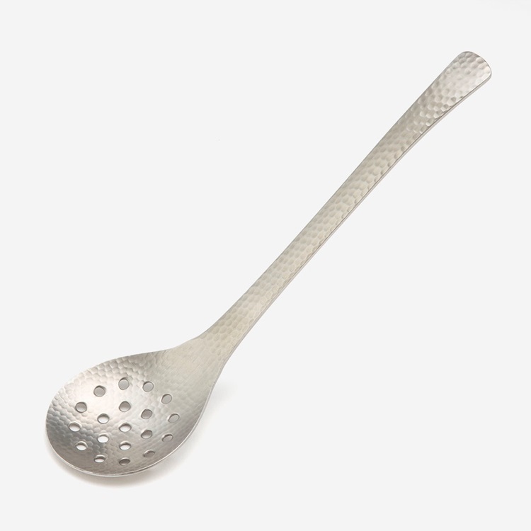 A 21cm stainless steel perforated serving spoon with a hammered finish shown on a white background.