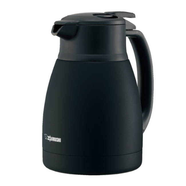Matte black stainless water boiler pot with handle and spout shown on a white background.