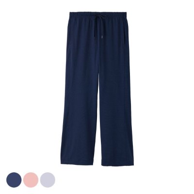 Front view of navy women's flare pants on a white background.