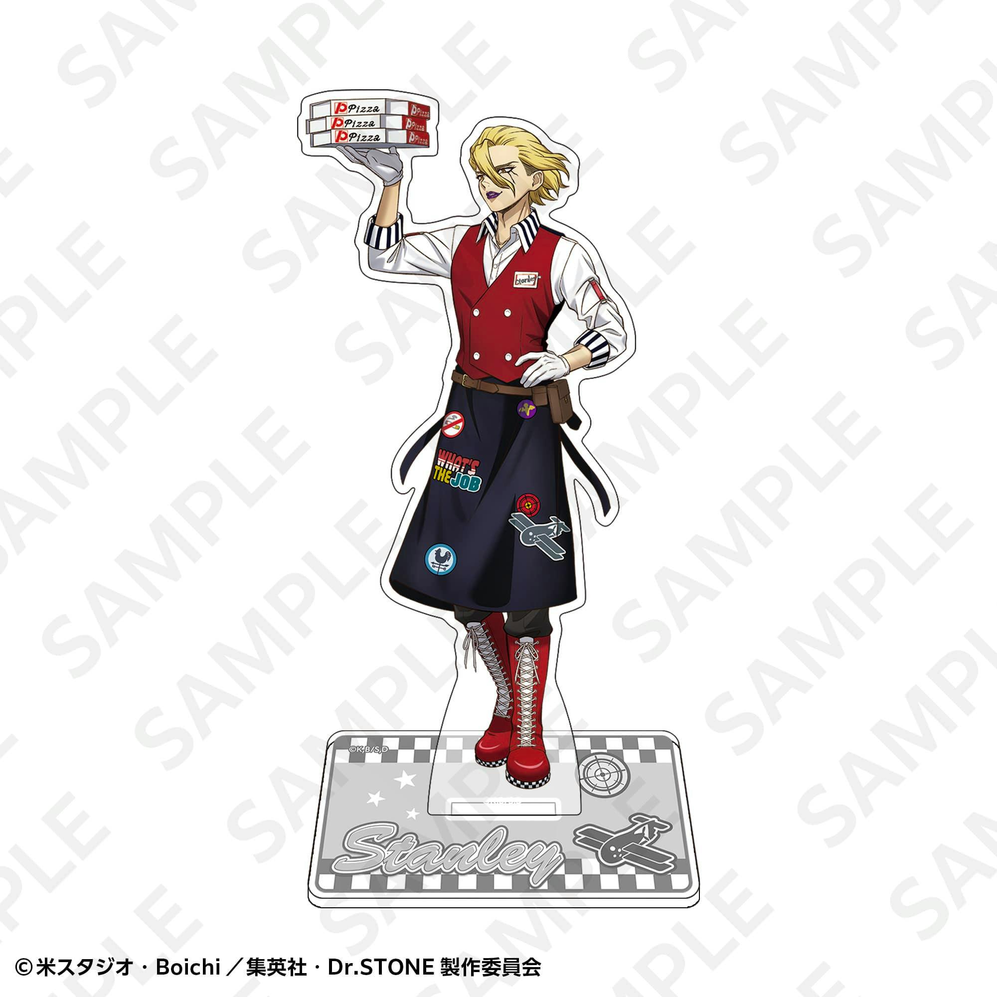 A colored mockup of the acrylic stand showing the Stanley character cutout standing on its rectangular decorative base.