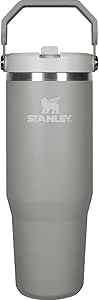 Gray STANLEY stainless steel vacuum tumbler with lid, flip-straw top, and carrying handle (0.88 L).