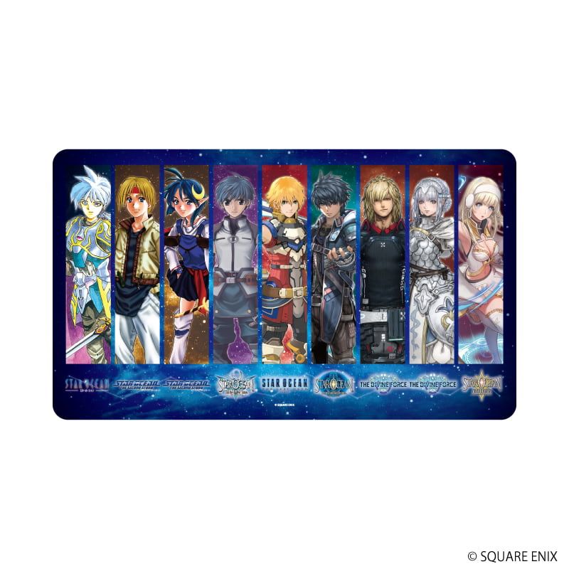 Rubber playmat showing a horizontal illustration of Star Ocean series characters arranged in vertical panels on a starry blue background.