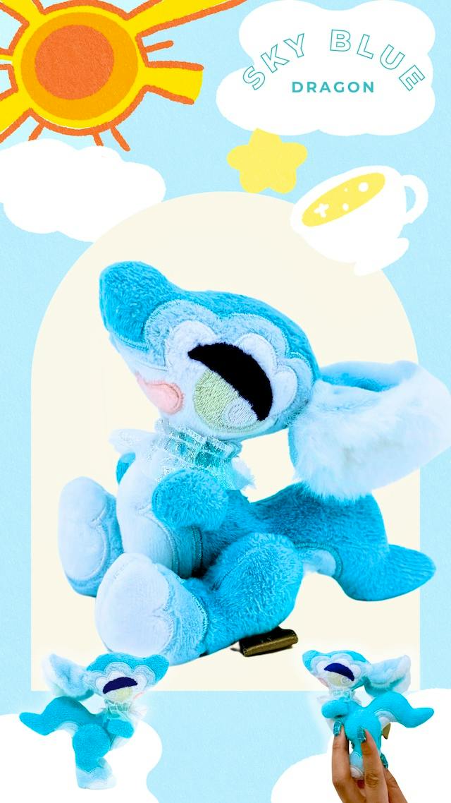 A sky-blue seed-dragon plush (Tiny series) pictured against a pastel background with a hand holding a smaller plush at the bottom.