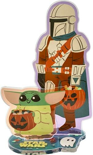 Assembled Halloween-version STAR WARS acrylic stand showing the Mandalorian and a small companion on a Star Wars themed base.