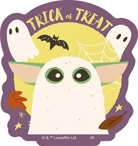 A Halloween-themed STAR WARS Grogu mini paper sticker showing Grogu as a ghost with “TRICK or TREAT” text, ghosts, a bat, spiderweb, and leaves.
