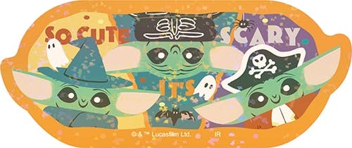 Halloween-version Star Wars mini paper sticker showing three Grogu figures wearing a witch hat, a skull-themed headband, and a pirate hat on an orange decorative background.