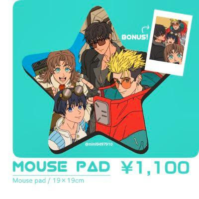 Star-shaped STARGAZE mouse pad featuring an anime character illustration on a teal background, shown with a small polaroid bonus image and pricing text.