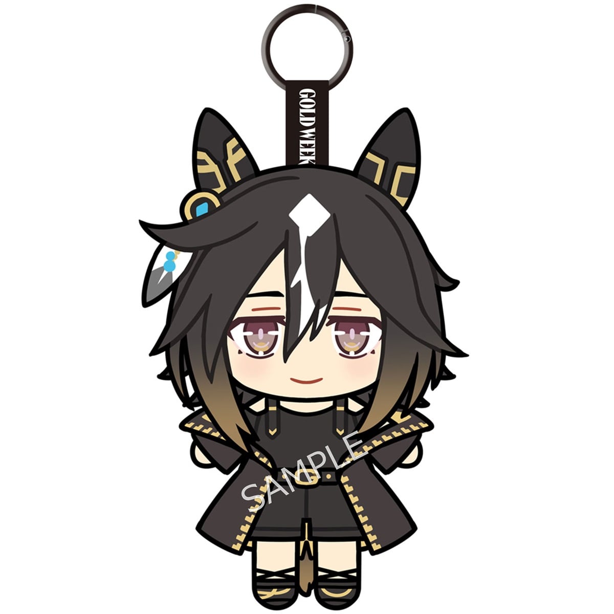 Front view illustration of the ステイゴールド plush keychain with attached carabiner (GOLD WEEK Ver.).