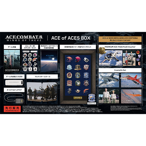 Promotional layout image showing the Steam ACE COMBAT 8: WINGS OF THEVE ACE of ACES BOX and the included items and artwork.