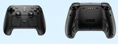 Front view of a Steam Controller showing buttons, two touchpads, and thumbsticks.
