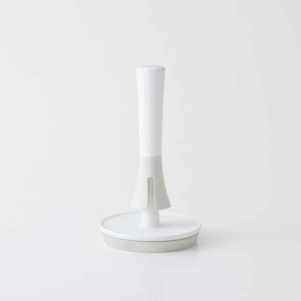 Front view of a white paper towel holder on a plain white background.