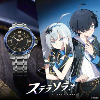 Metal-cased wristwatch with a black dial and blue decorative bezel shown beside two anime characters and the product title.