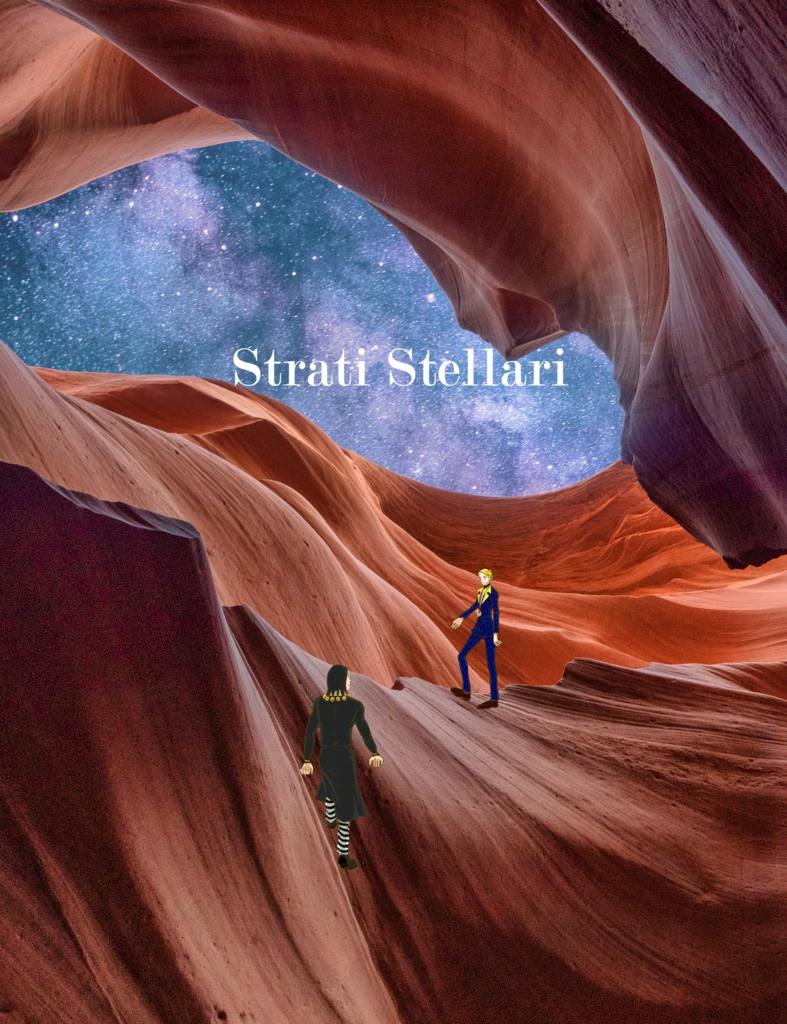 Front cover of the book 'Strati Stellari' showing a starry sky visible through canyon-like rock formations with two small human figures on the rock surface.