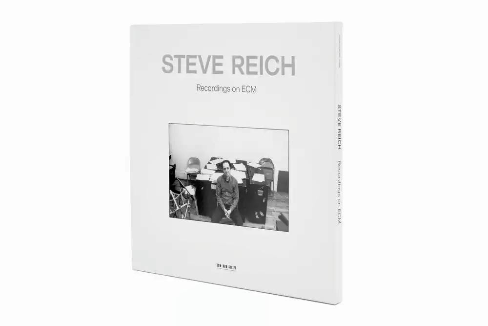 Front cover of the STEVE REICH RECORDINGS ON ECM vinyl record showing the title text and a centered black-and-white photograph.