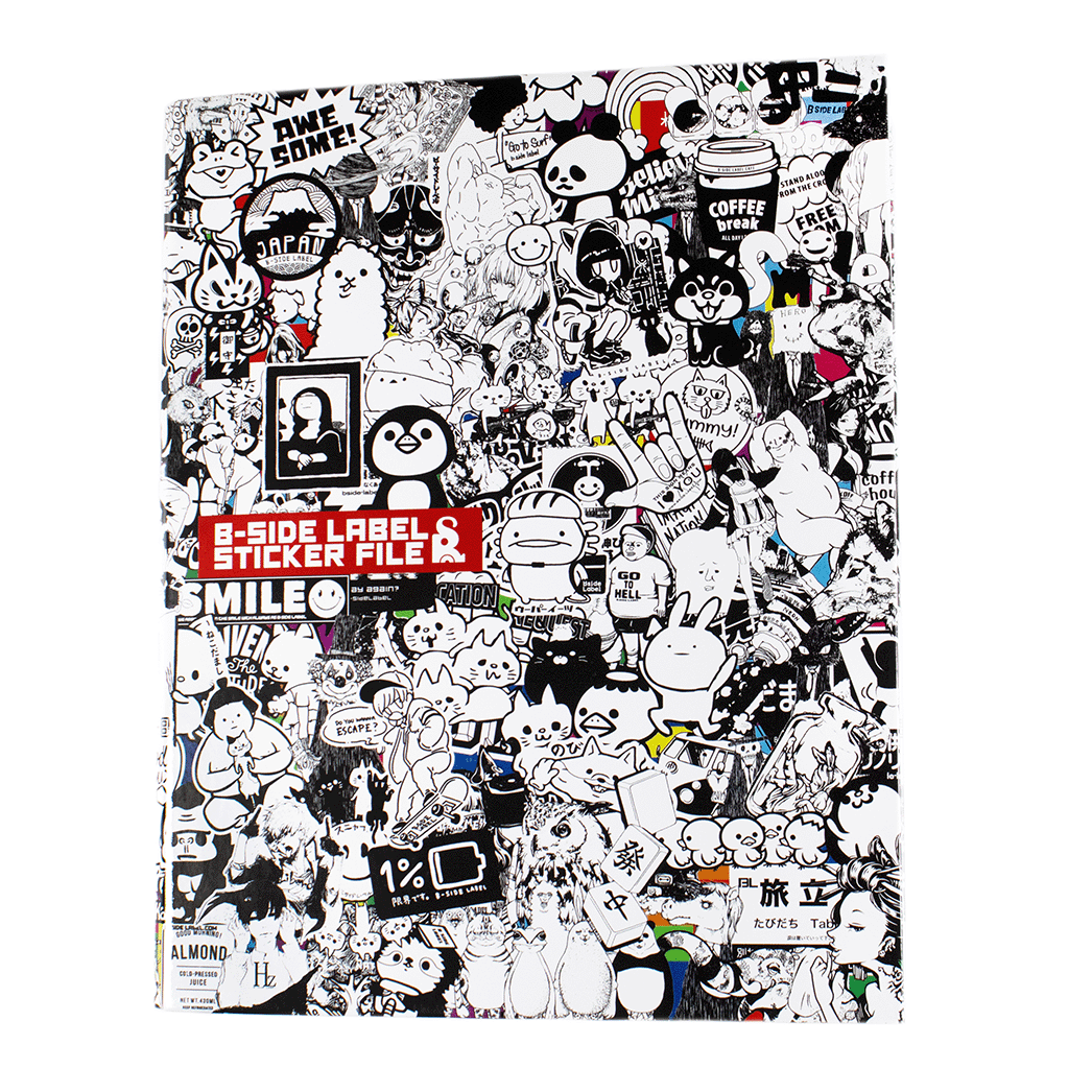 Front view of a sticker file folder showing a dense black-and-white collage of cartoon stickers on the cover.