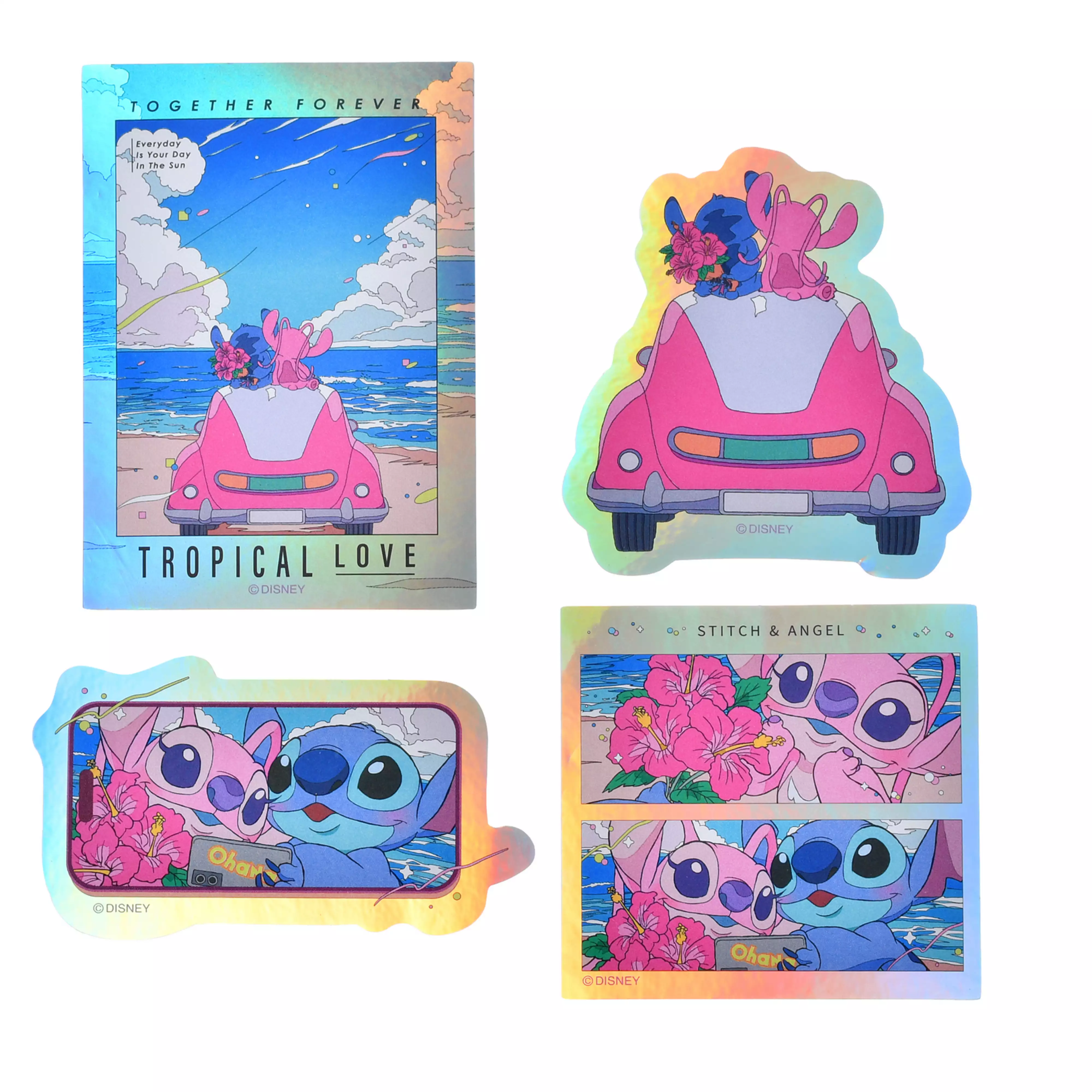 Holographic sticker sheet showing Stitch and Angel in car and close-up designs.