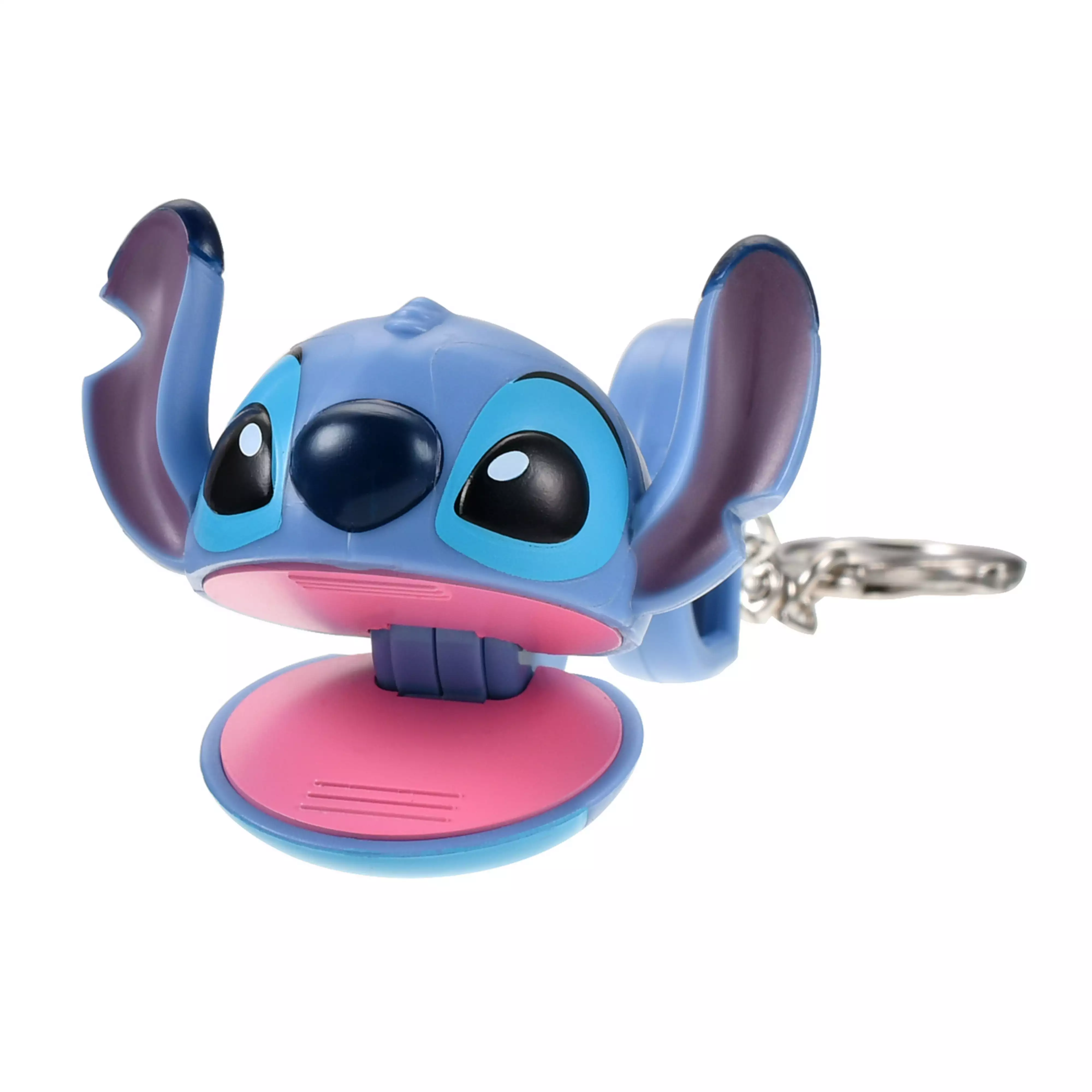 Blue Stitch character keychain with a hinged open mouth showing a pink interior and an attached metal key ring.