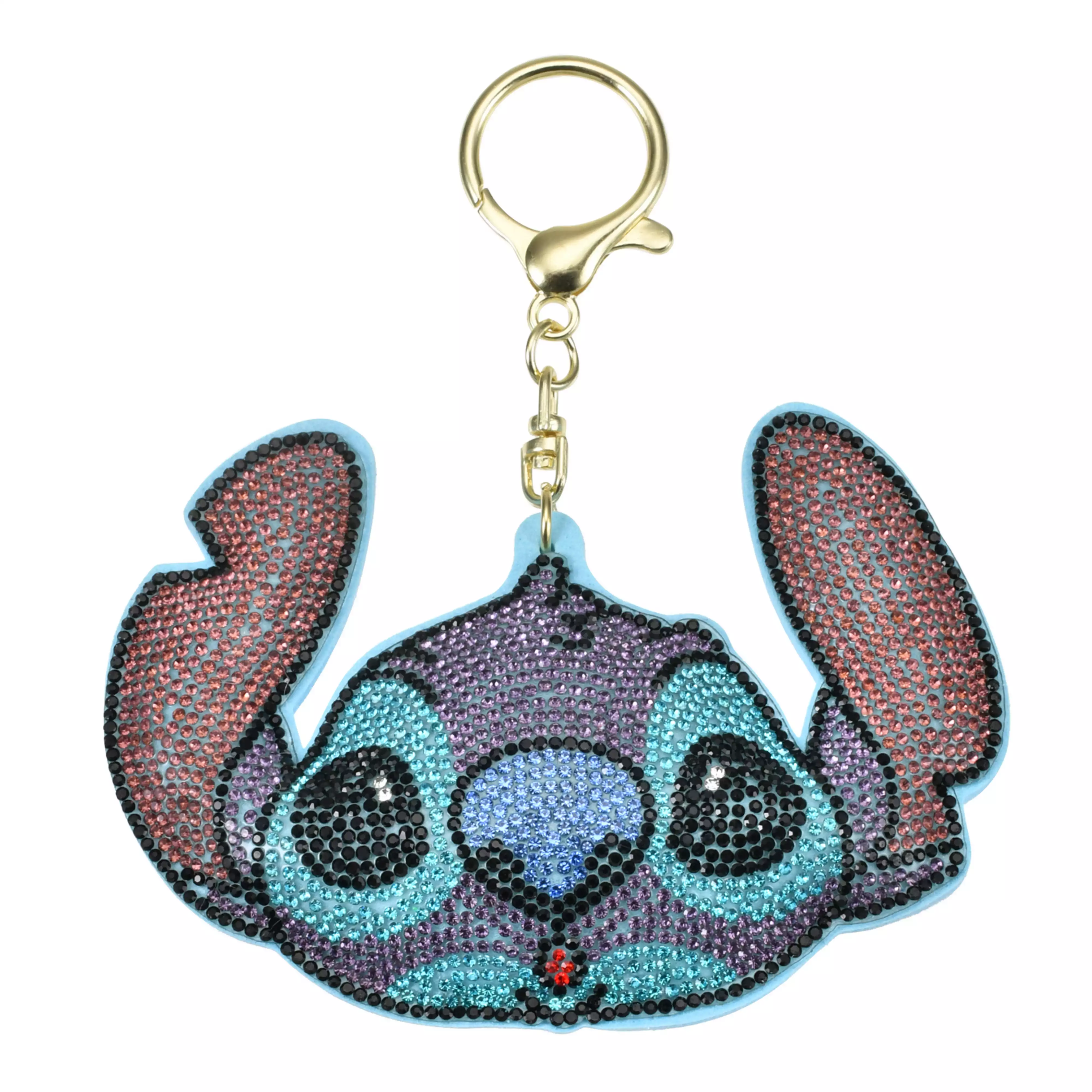 Front view of a rhinestone-decorated Stitch head keychain attached to a gold key ring.