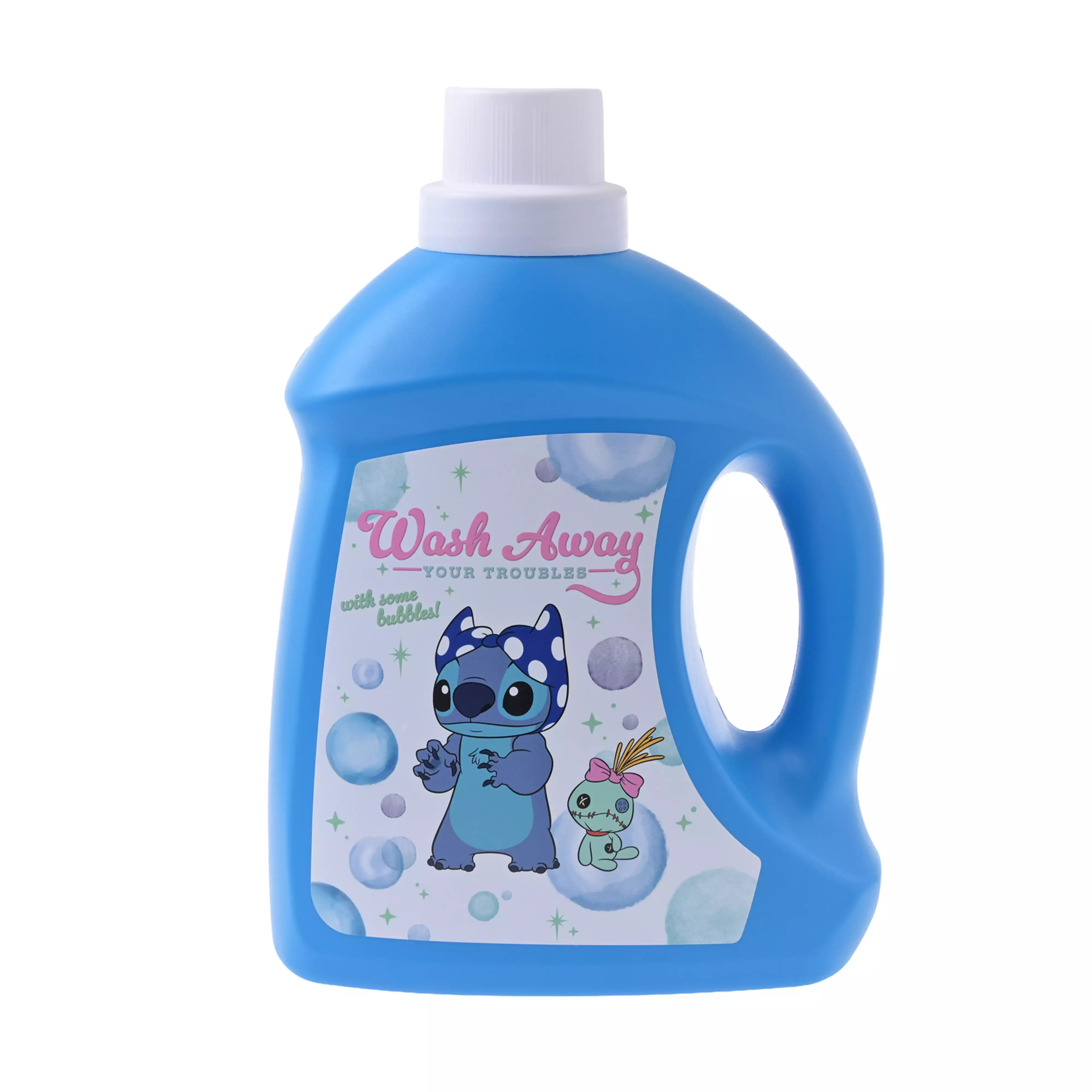 Blue plastic laundry bottle with a label showing Stitch and Scrump characters and bubble graphics.