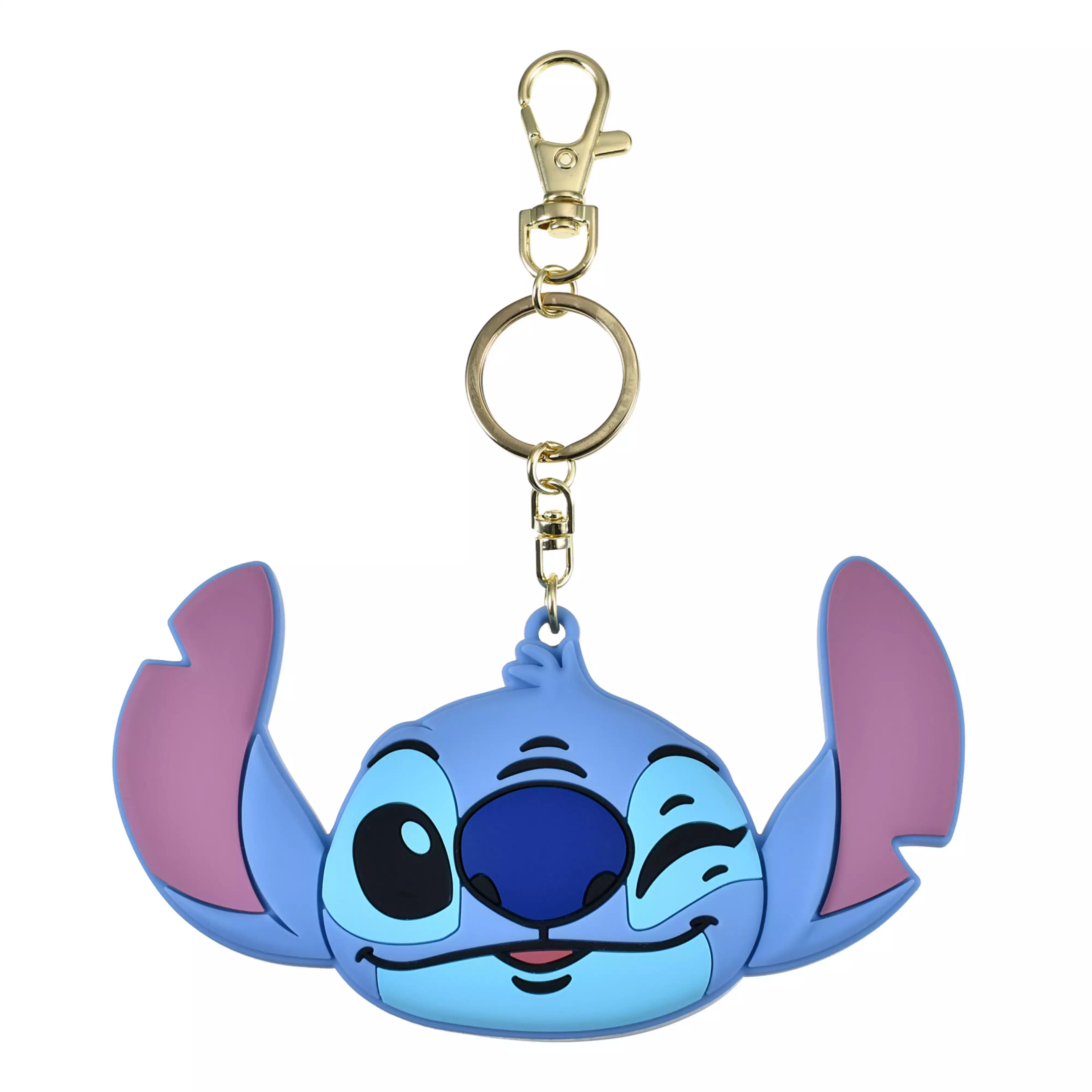 Front view of a blue Stitch character keychain head with raised ears attached to a gold-colored clasp and key ring on a white background.