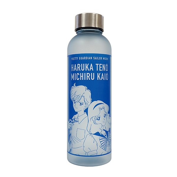 Frosted bottle with a silver screw cap and a blue printed design showing Haruka Tenoh and Michiru Kaiou with their names.
